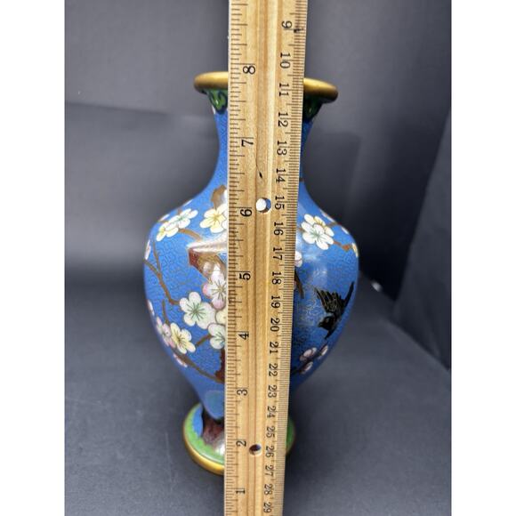 Vintage Chinese 8 1/4" BLUE CLOISONNE VASE Enamel Brass Cherry Blossom w/Bird - Picture 15 of 16